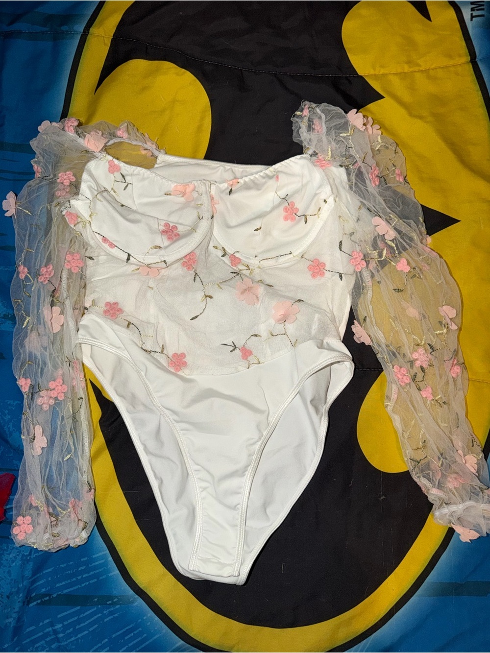 White Floral Mesh Sleeve One-Piece Bodysuit